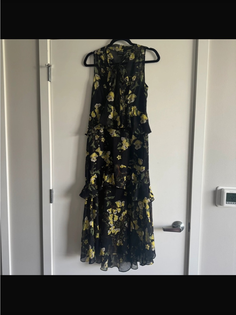 Black Floral Tiered Sleeveless Dress with Yellow Accents